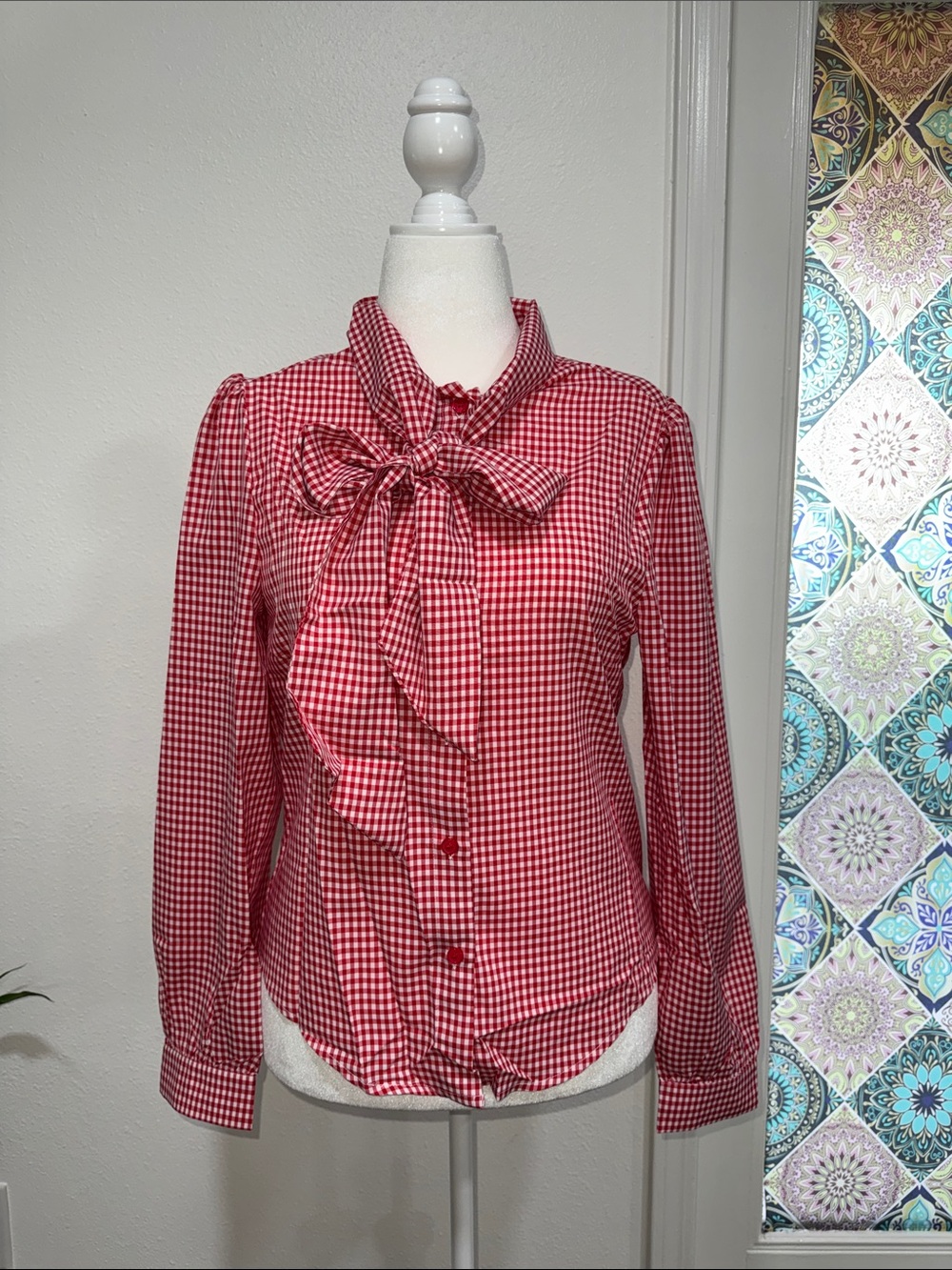 Red Gingham Bow-Tie Neck Blouse - Women
